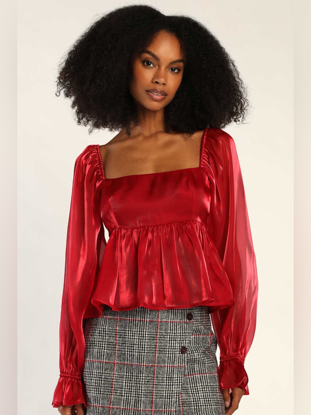 Lulu's Shimmering Red Square-Neck Satin Peplum Top